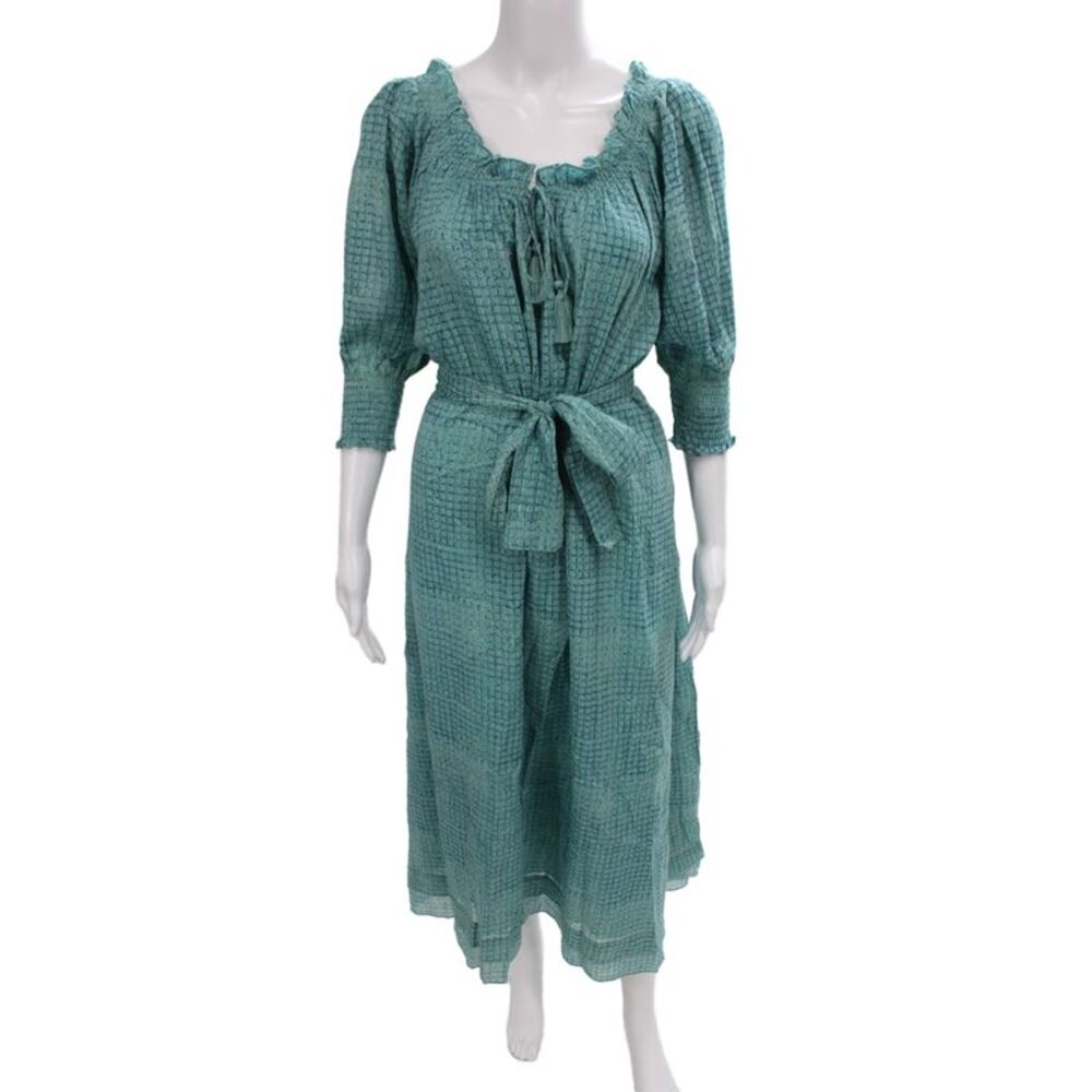 Pomegranate Women Maxi Dress Blue Off Shoulder 3/4 Sleeve Check Size L